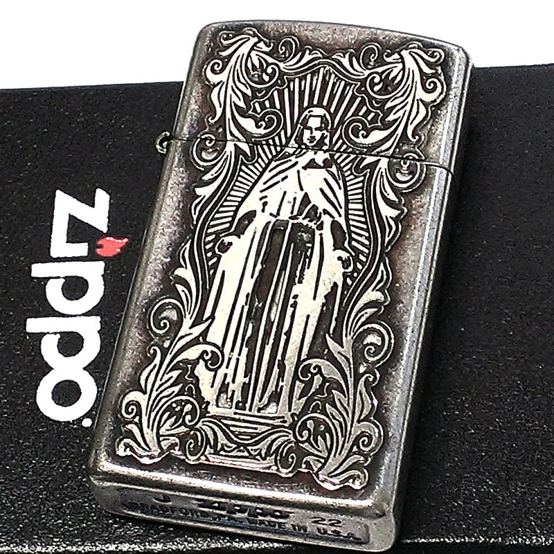 ZIPPO スリム ジッポ ライター アラベスクマリア 逆エッチング 彫刻銀イブシバレル 両面柄