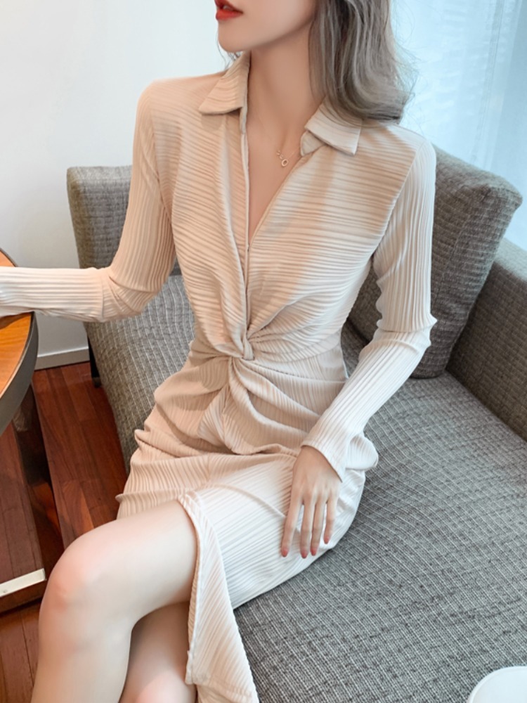 ワンピース レディース タイト ワンピドレス ミモレ丈 Ｖネック スリット 長袖 プルオーバー ミモレ丈 細身 大人 上品 おしゃれ セクシー エレガント 春 秋 冬 謝恩会 二次会 レディース