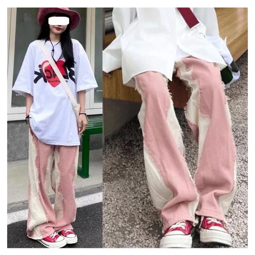 デニム パンツ ジーンズ ピンク バイカラー ライン ダメージ 切替 韓国 レディース ストリート系 Y2K グランジ バレエコア ダンス 衣装 K-POP 6J-364