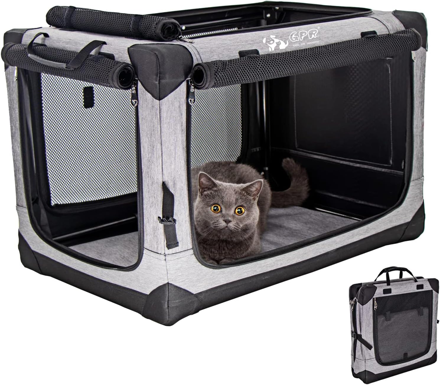 ペット ソフトクレート ケージ ペットキャリー ペットハウス カバー取り外せる 4面メッシュ出入口 鉄フレーム 猫犬兼用 折りたたみ式 洗濯可能 (シルバグレー, M)