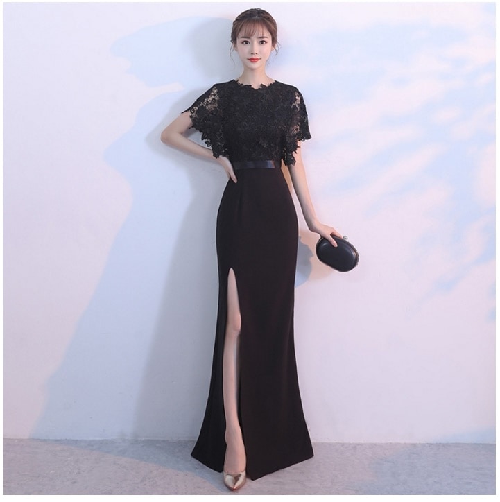 1881.タイトスリットロング丈パーティドレス（ブラック）2019 春夏 sale 春夏 sale ワンピース クルーネック 花柄 ノースリーブ ミディアム レース お呼ばれ パーティー 結婚式 披露