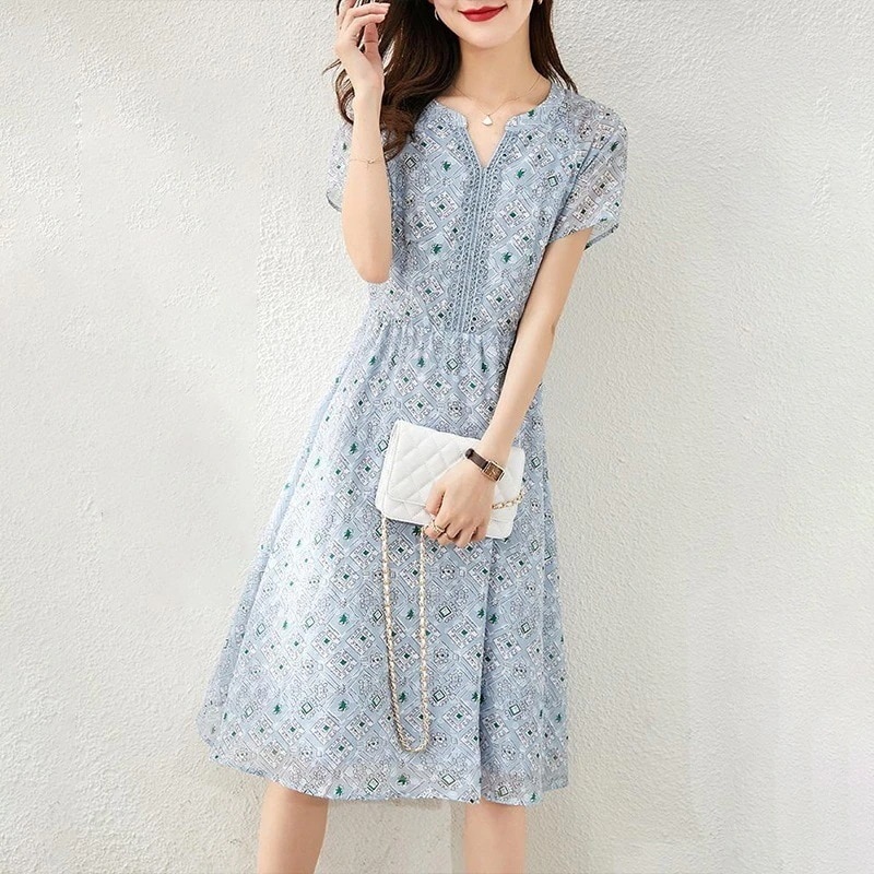 シフォンフローラル半袖小さなVネックウエスト韓版 服 夏服 レディース