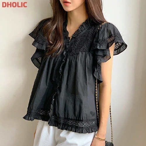 [メガ割りSALE]コットンレース半袖フリルピンタックブラウス