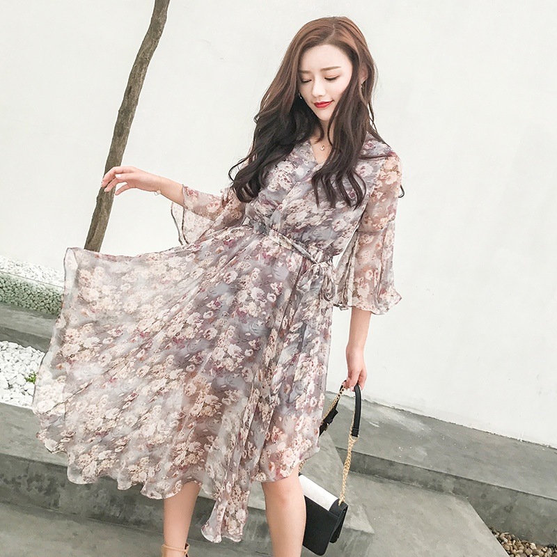 1164. 花柄Vネックシフォンワンピース（ライトパープル）