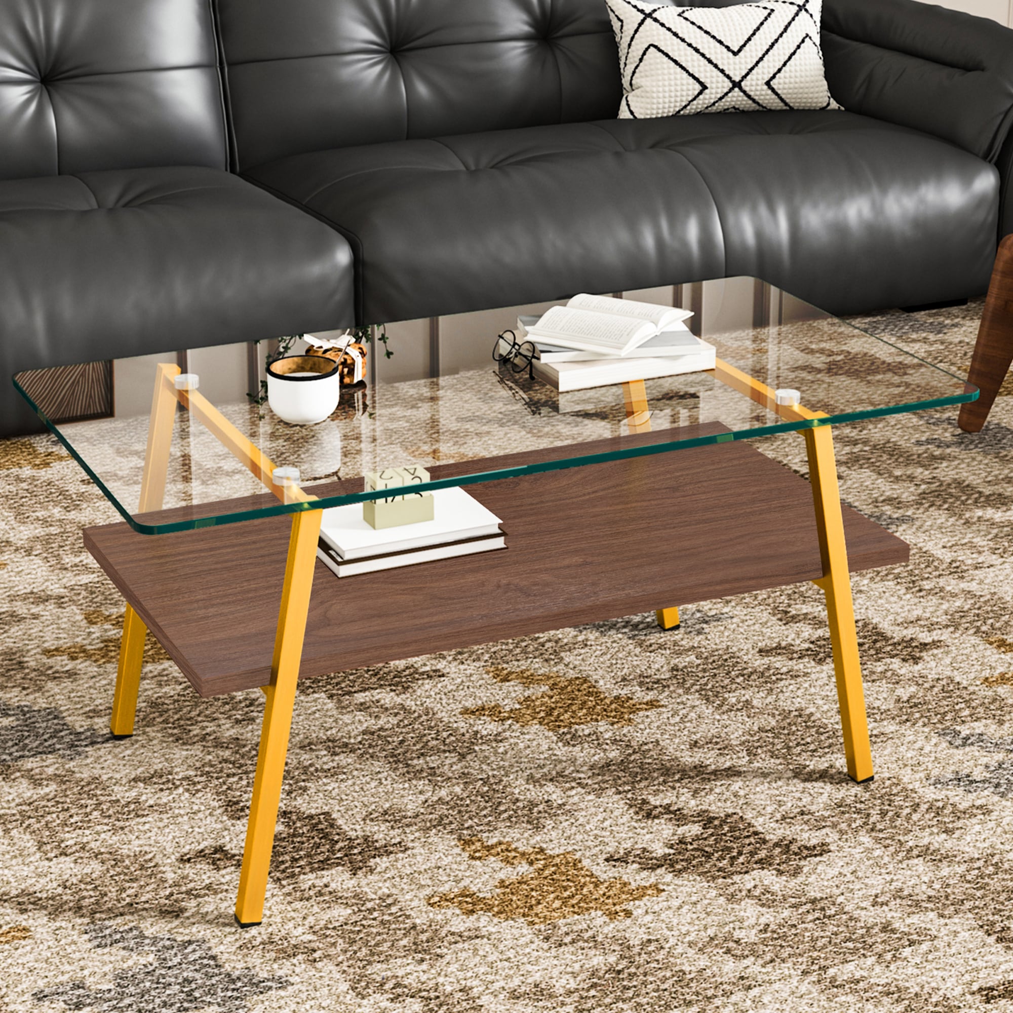 モダン長方形コーヒーテーブル 強化ガラス天板+MDF収納棚 リビング用 グレーガラス+ゴールド脚