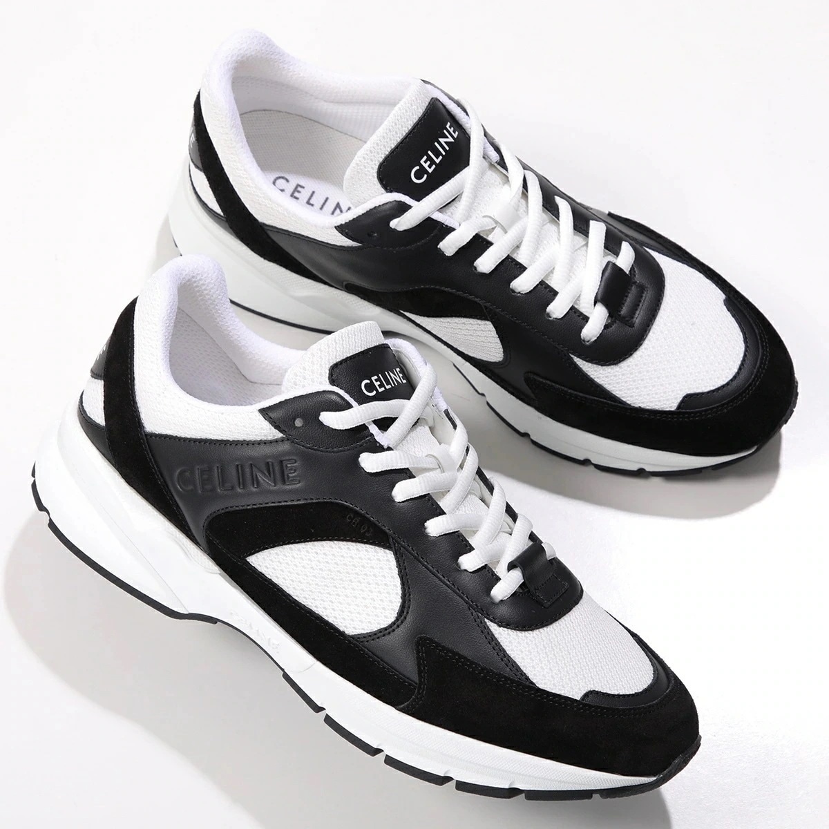 CELINE セリーヌ スニーカー RUNNER 361494644C.38AB メンズ レースアップ ローカット メッシュ カーフスキン スエード ロゴ 靴 BLACK-OPTICWHITE
