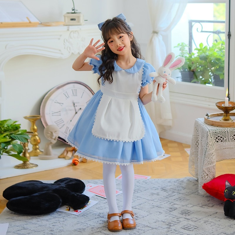 ブルーアリスメイド服 子供の日 ステージキャットウォークガール プリンセスドレス ガールパフォーマンスコスチューム