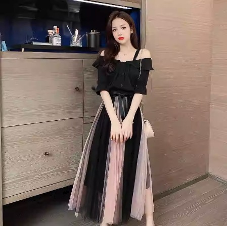 セットアップ ツーピース メッシュドレス トップス スカート ミモレ ミモレ丈 ロング ロング丈 袖なし オフショルダー オフショル Aライン 快適 着心地 かわいい 大人可愛い きれいめ シンプル