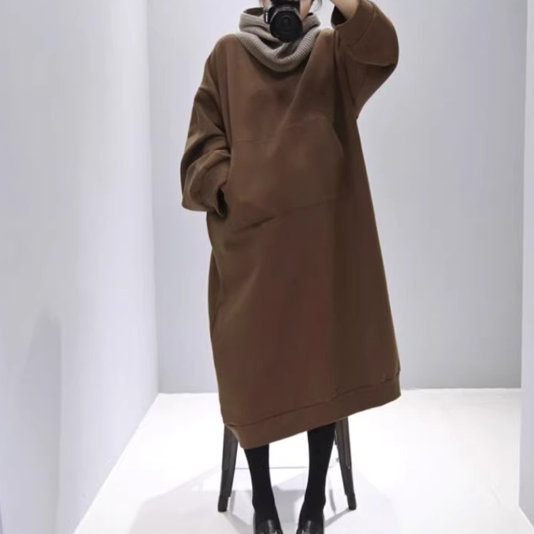 レディース スカート ワンピース プルオーバー ロングスカート 長袖 萌袖 ラウンドネック 襟なし ノーカラー ワイド ストレート オーバーサイズ ポケット 伸縮性 かわいい 大人可愛い きれいめ