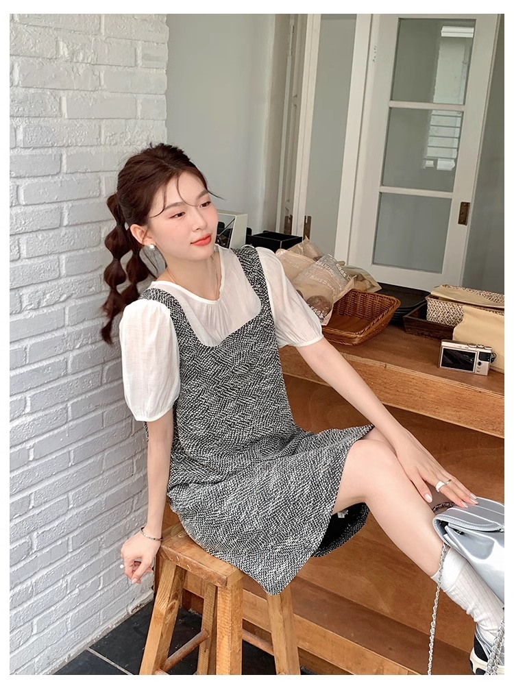 夏 フレンチ エレガント ステッチ ラウンドネック スカート 半袖 ドレス 個性的 ワンピース ミニ ミニ丈 ショート ショート丈 袖あり 半袖 襟なし かわいい 大人可愛い きれいめ 上品 おしゃれ