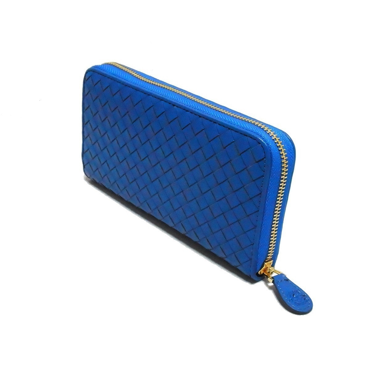 オルテンシア ラウンドファスナー 長財布 本革 メッシュ イントレチャート(メンズ 男性)ブルー青色／高級イタリアンレザーを使用した編み込みロングウォレット