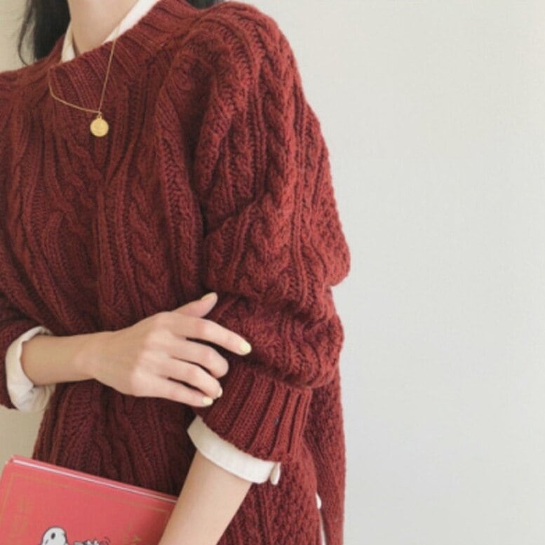 サイドスリットケーブルニット ケーブルクルーネックニットプルオーバー
