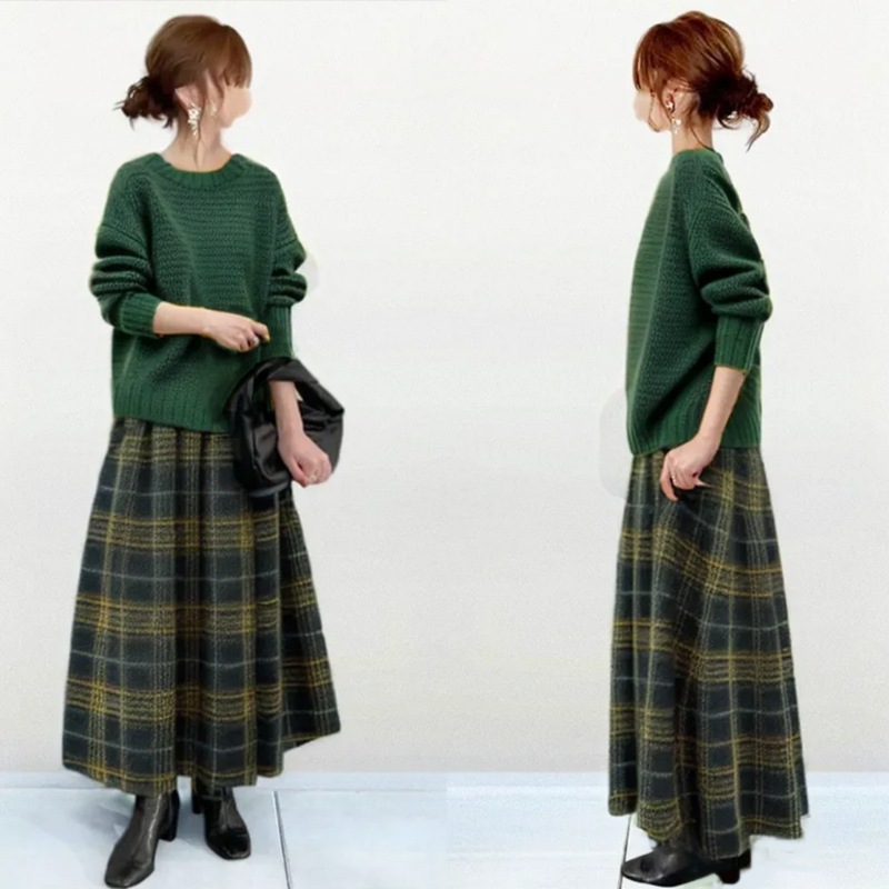 【今季注目】 ラウンドネック無地セーター＋チェック柄スカートワンピースセット