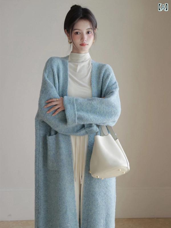 ニット レディース カーディガン おしゃれ カジュアル ロング 丈 厚手 セーター ソフト 秋冬 ブルー