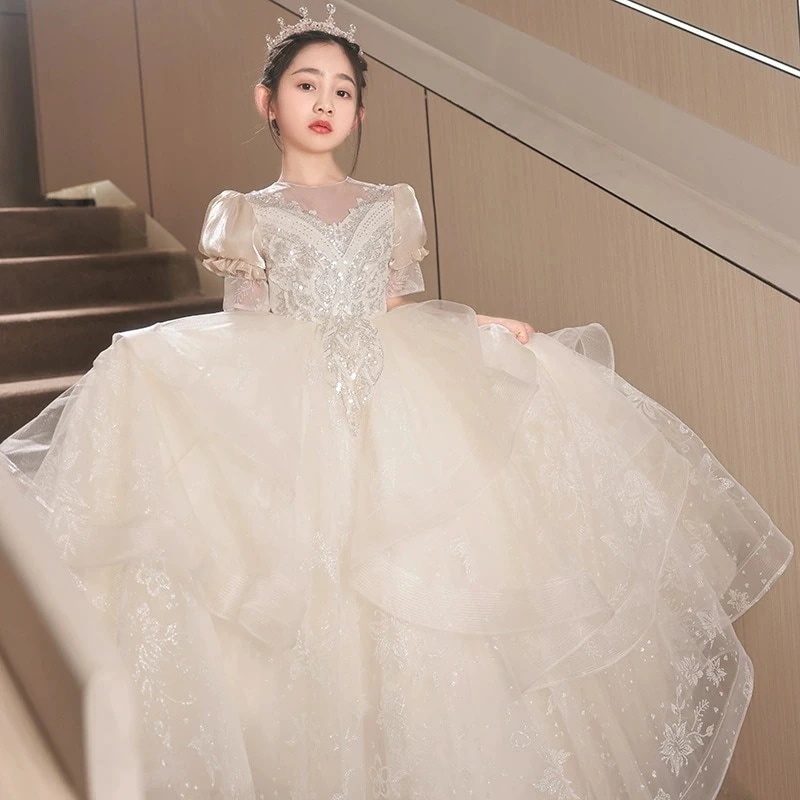 子供ドレス シャンパン色 ピアノ発表会ドレス ロング キラキラドレス スパンコール 素敵 キレイめ ロングドレス 演奏会ドレス 女の子 女児ドレス 可愛い キッズドレス ピアノ発表会 フォーマル 演出