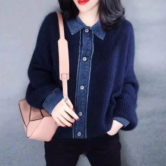 ニットトップス レディース トップス デニム 異素材ミックス ドッキング フェイクツーピース 重ね着風 フロントボタン 長袖 ニット セーター ボリューム袖 襟あり ポロ襟 カジュアル 個性的 女性 5,855円