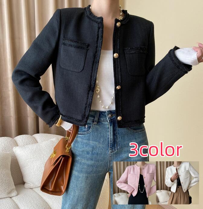 【3色】ジャケット レディース ノーカラージャケット ツイード フォーマル ショート丈コート テーラードジャケット ラウンンドネック ボタン シングルジャケット 無地 シンプル ライトアウター オフィ