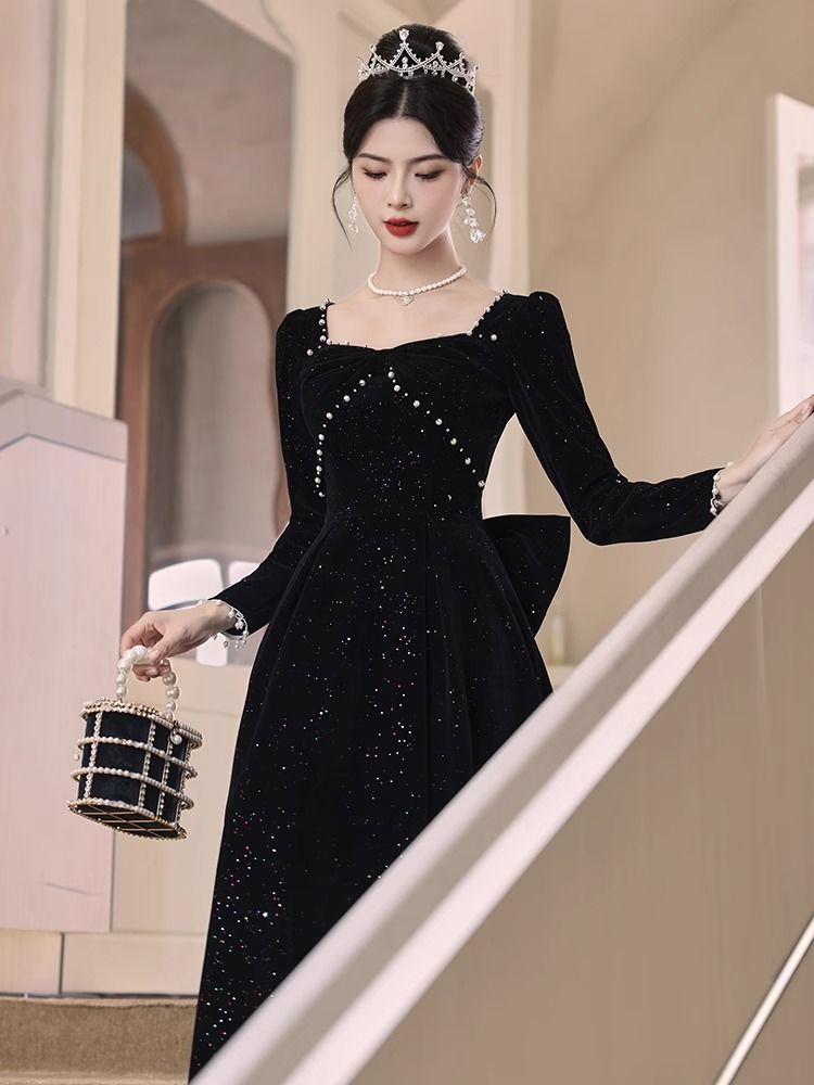 【2枚購入で 3oo円OFF！】ブラックドレスバンケットシニアセンスホストアート試験スカート長袖大人ギフト女性