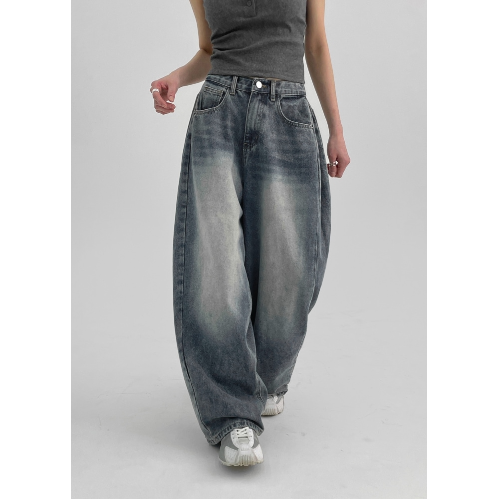 ブラックアップ【春新品】ノンピング折りたたみウォッシュワイドデニムパンツ (2TYPE)