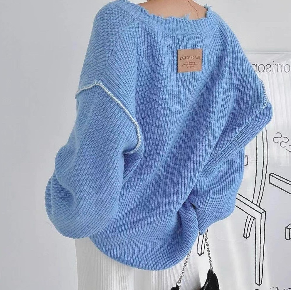 ダメージ加工Vネックニット オーバーサイズニット Vネックニット Vネックセーター プルオーバー Vネック ニット セーター水色 セーター グレー 白 黒 ブラック 韓国 オルチャン レディース