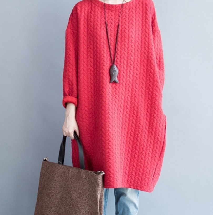 トップス プルオーバー ロング ロング丈 袖あり 長袖 かわいい 大人可愛い きれいめ シンプル ミディアム丈 もこもこ 秋冬 休日 旅行 楽ちん ゆったり レッド グレー 韓国 体型カバー コーデ