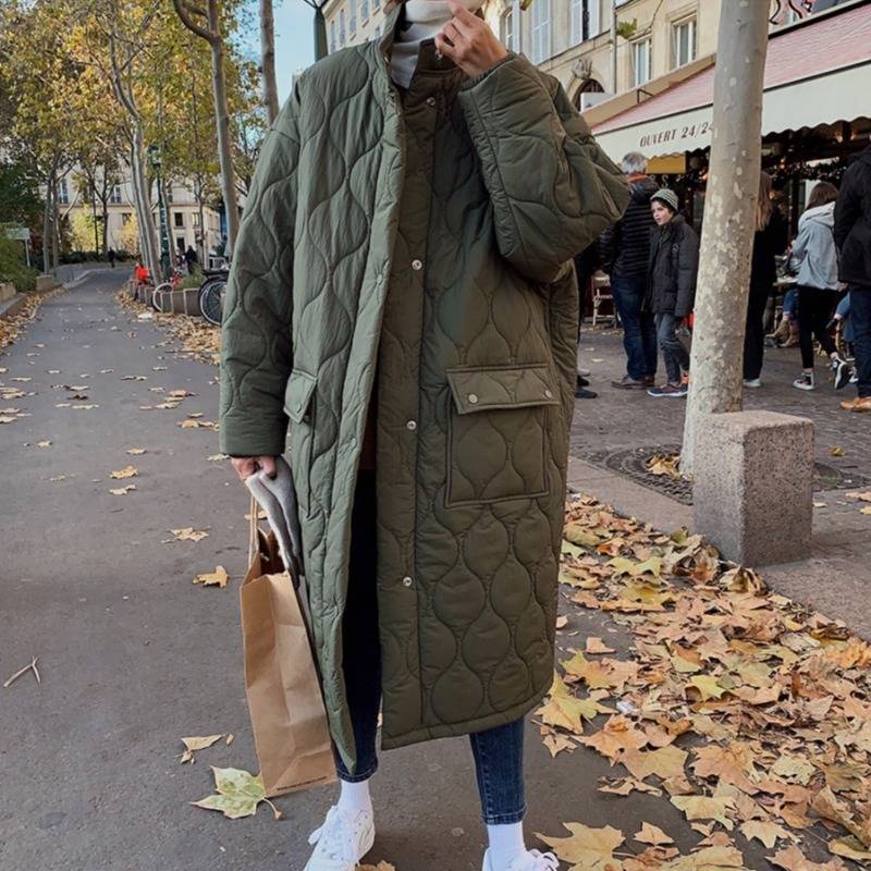 [高品質]2色 アウター レディース コート キルティング ロングコート スタンドカラー オーバーサイズ ルーズ ジャンパー 薄手 ロング丈 無地 カジュアル 長袖 上着 黒 緑 グリーン ブラック