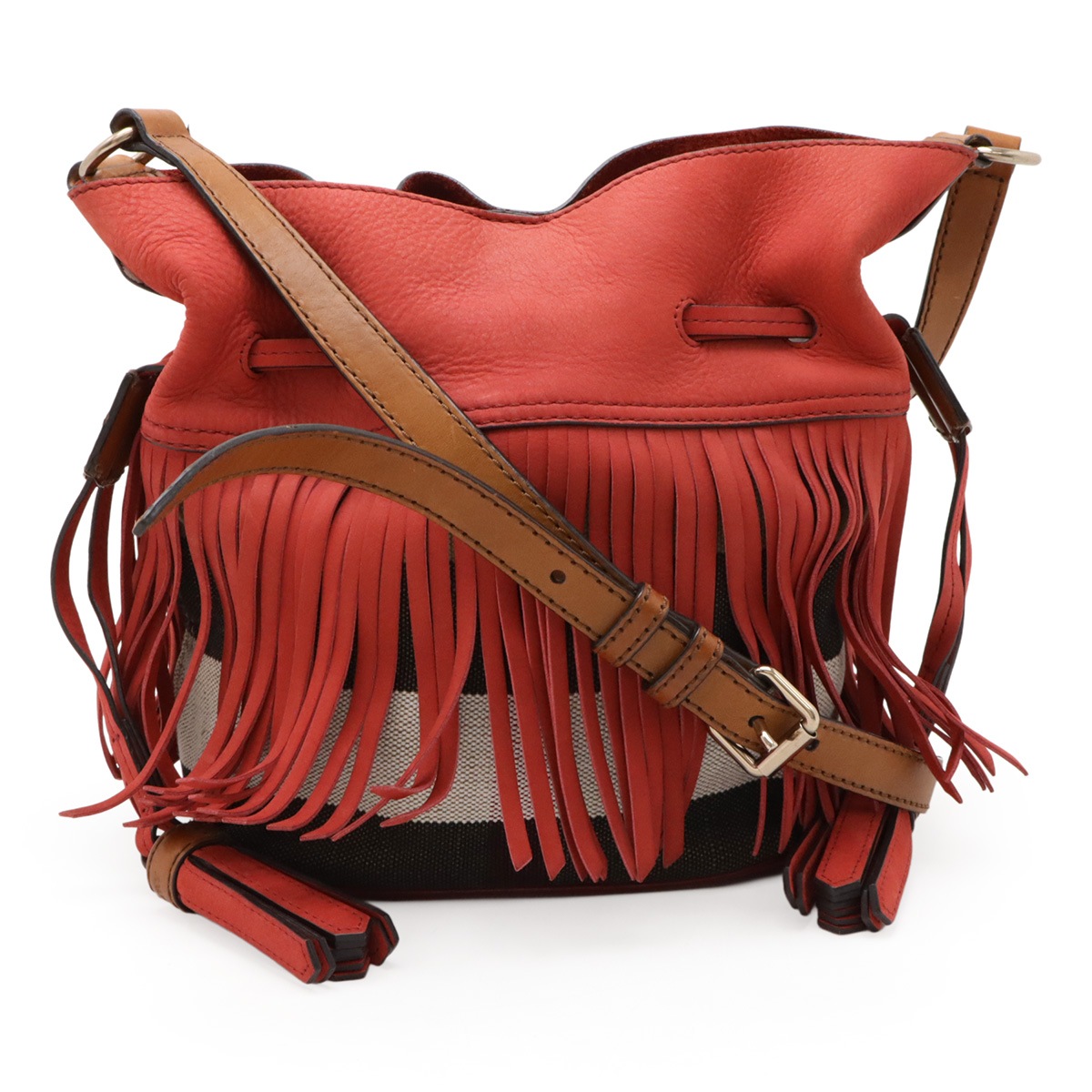 フリンジ ノバチェック チェック柄 ショルダーバッグ 斜め掛け 巾着 スエード キャンバス レザー レッド 赤 ブラウン 39,800円