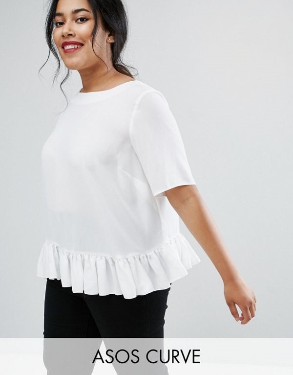 ASOS エイソス レディース 大きめサイズ ゆったりサイズ 送料無料 Ivory CURVE Woven T-Shirt with Ruffle Hem