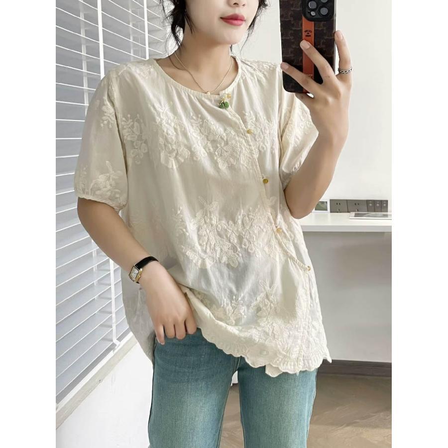 シャツ レディース ブラウス 刺 花柄 綿 夏 秋 春 半袖 トップス ノーカラー シャツ クラシカル レトロ風 コットン 花柄 刺 エスニック調 ナチュラル 大き