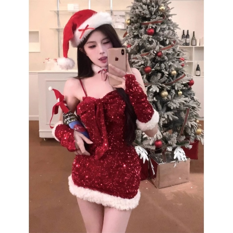 スパンコールのリボンサスペンダードレス女性赤新しい衣装欲望クリスマススカートヒップスカート