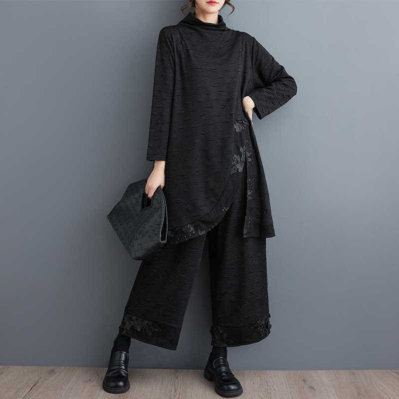 「ファットガール」 春 レトロ 刺繍 上下セット タートルネック スリット チュール裾 レディース セットアップ30%までに制限