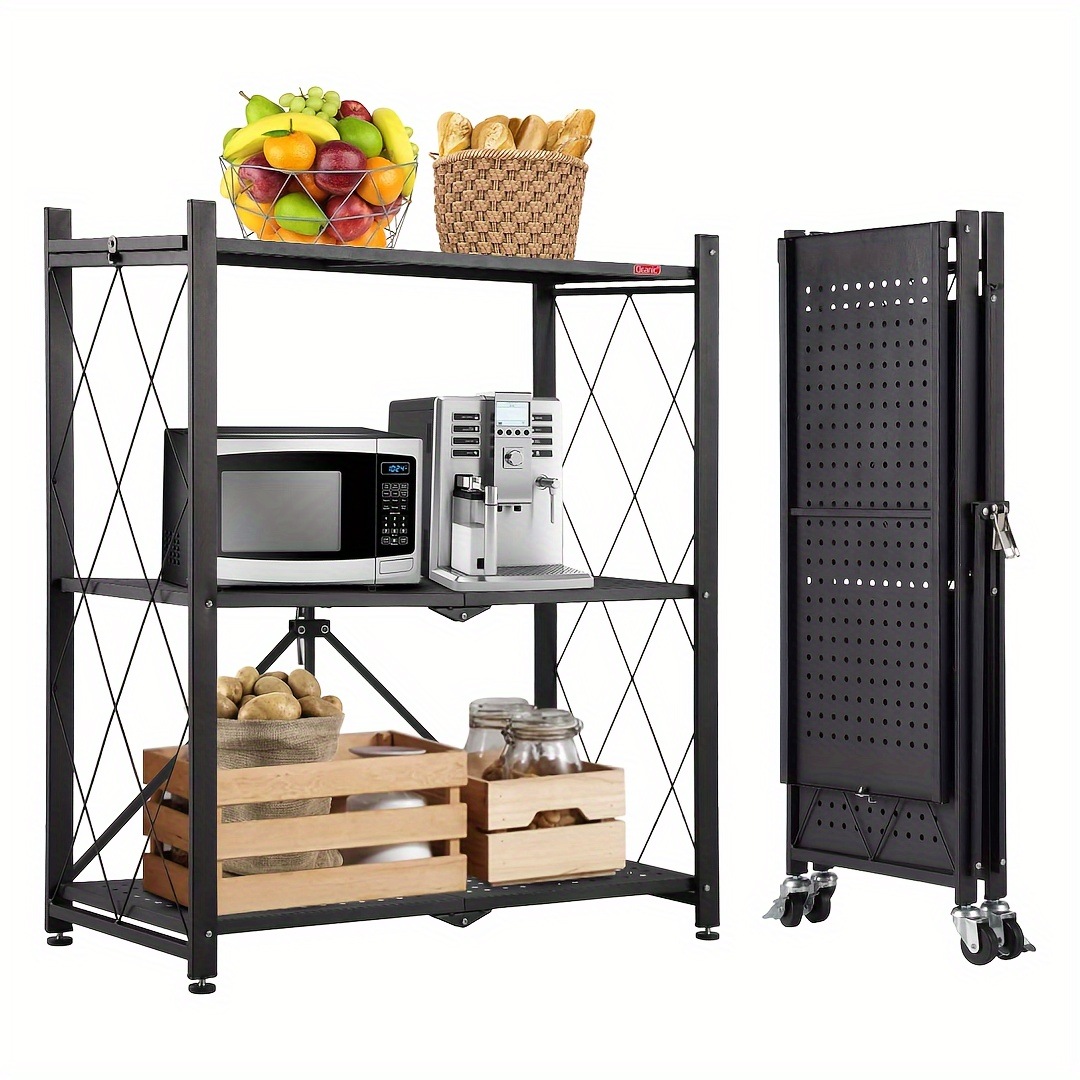 インストール不要 リムーバブル折りたたみ折りたたみ電子レンジ収納ラック車輪付きローリング取り外し可能なカートラック多層金属製収納ラック家庭用多目的オーガナイザーシェルフ自宅の寝室バスルーム