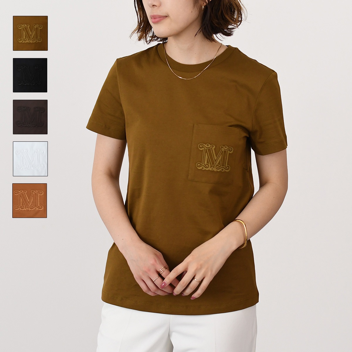 Max Mara マックスマーラ トップス PAPAIA1 ポケット付きコットンTシャツ レディース ブラック ホワイト ベージュ ブラウン コットン 刺しゅう 人気 おすすめ