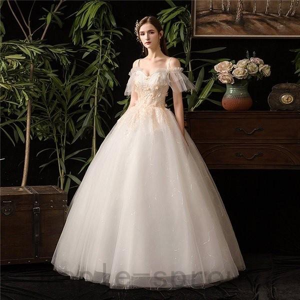 激安 ウェディングドレス aライン オフショルダー レース 二次会 シンプル マキシ 花柄 花嫁 披露宴 ブライダル 結婚式 ロングドレス 演奏会