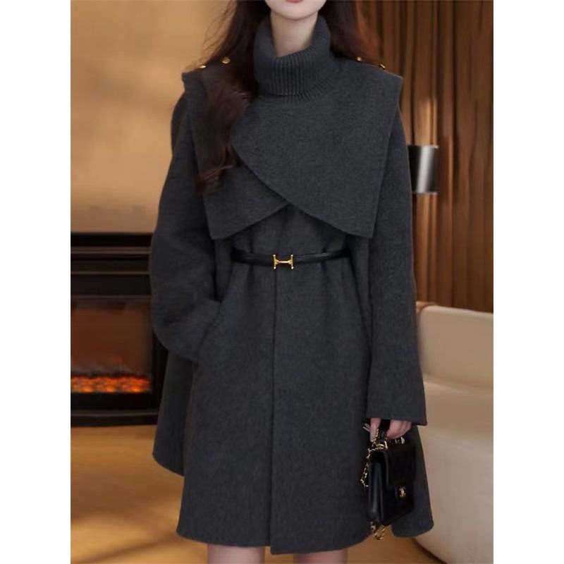 取り外し可能なケープとショールが付いた韓国風のおしゃれなレディース秋冬ツーピースセットお洒落な厚手で暖かいウールコート