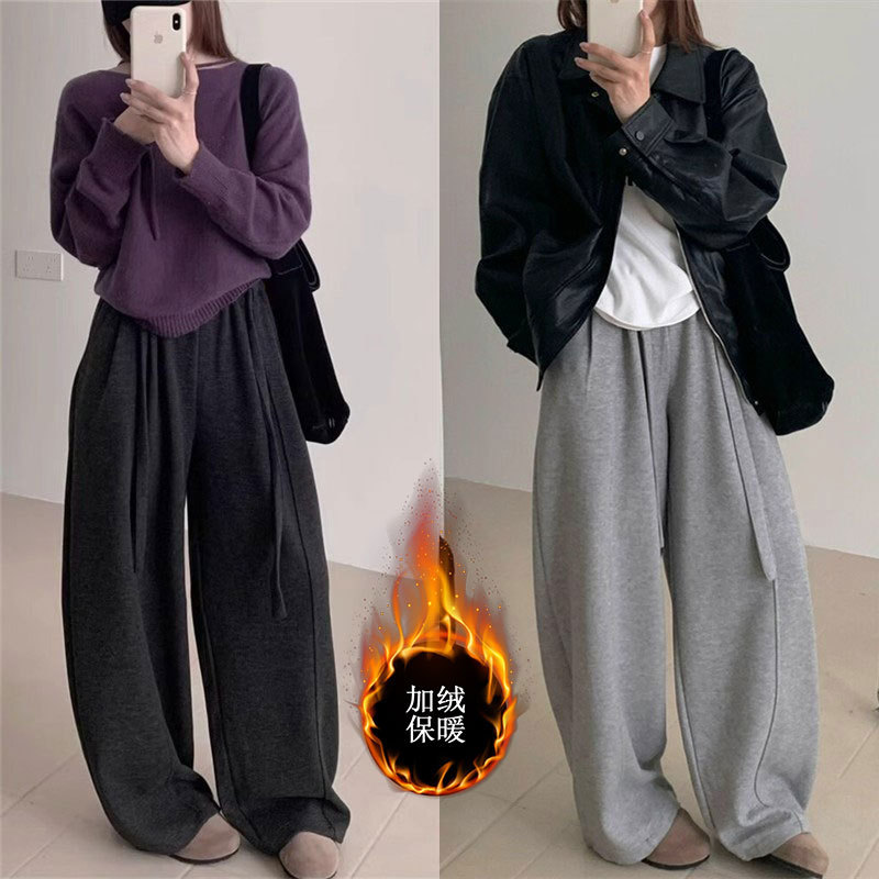 American Retro Scimitar Pants for Women, Autumn and Winter New Style, Fleece-Lined and Thickened Cas