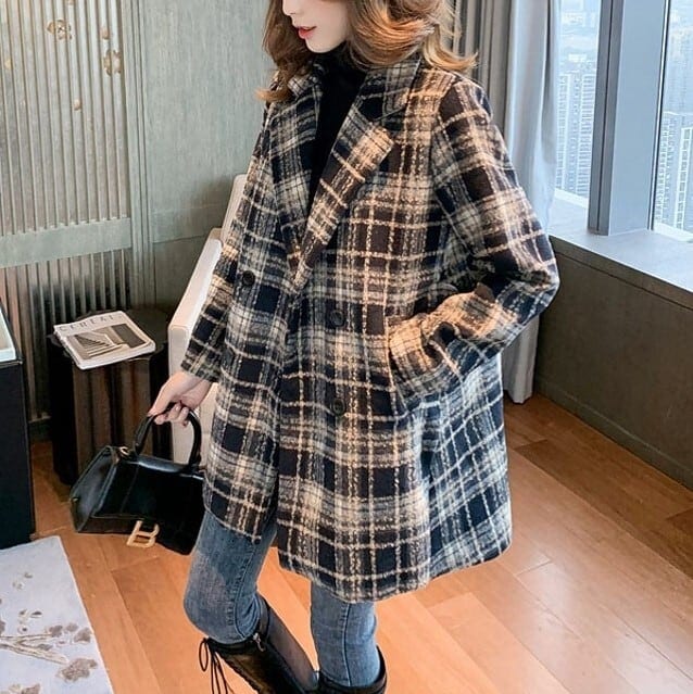 レディース 上着 コート アウター 美シルエット チェスターコート ミドル丈 ラペルネック チェック柄 インスタ映え 可愛い かわいい 韓国 かっこいい カジュアル 大人 上品 シンプル lout04その他 アウター