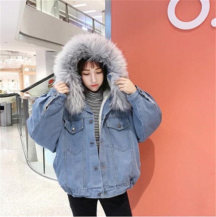 スタイル ゆったりする 裏起毛 毛皮の襟 デニム ジャケット 暖かい 綿の服 学生トレンド