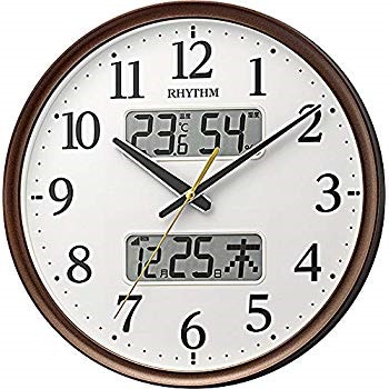 【即納！最大半額！】 リズム時計工業(Rhythm) 掛け時計 8FYA03SR06 カレンダー 湿度 温度 連続秒針 アナログ 電波 Φ35x5.3cm 茶 掛時計