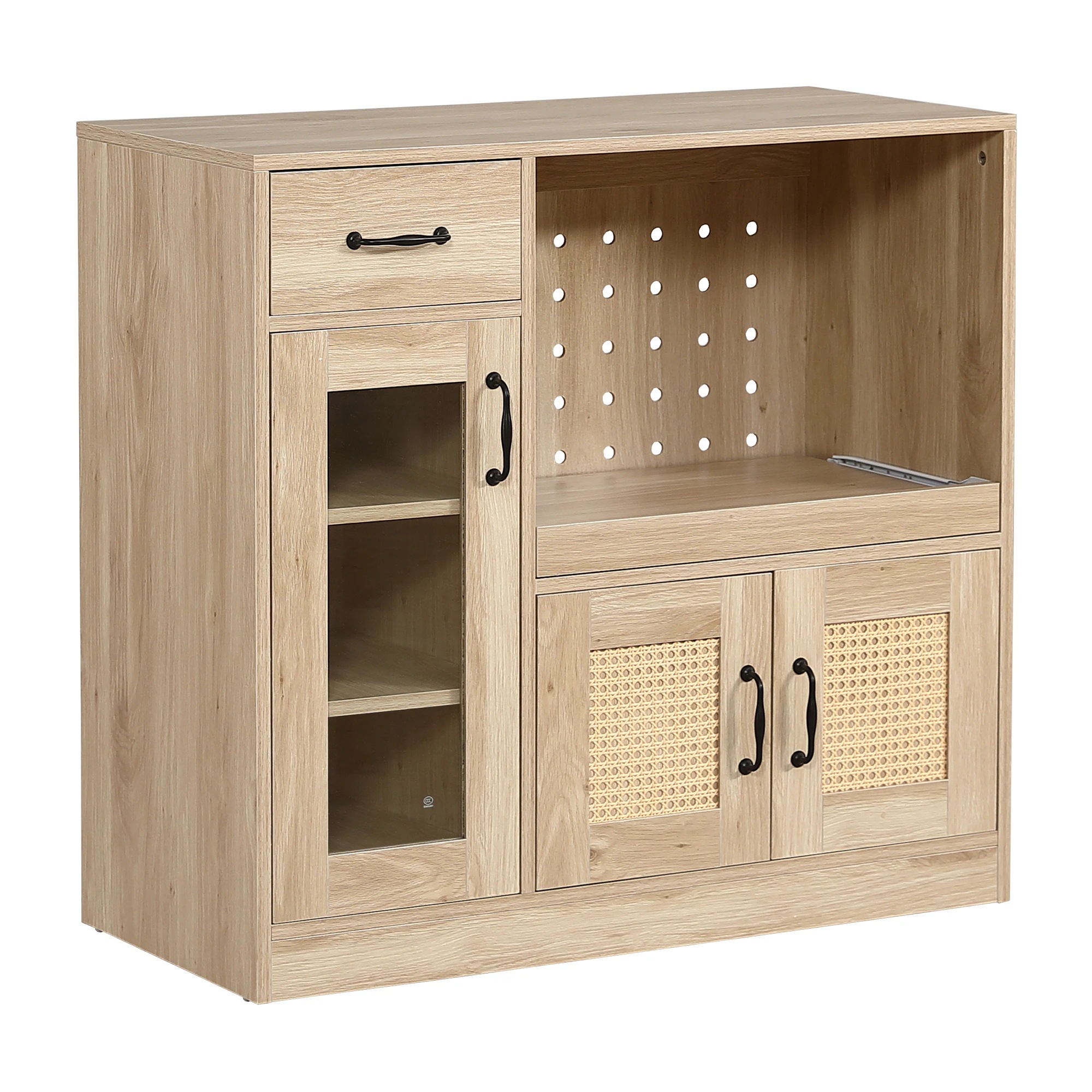 【国内入荷済】キッチンカウンター 食器棚 キッチンキャビネット レンジ台 キッチン収納 幅88cm ラタン調 引き出し付き 扉付き スライドレール ロータイプ キッチンラック レンジボード 収納 ガラ