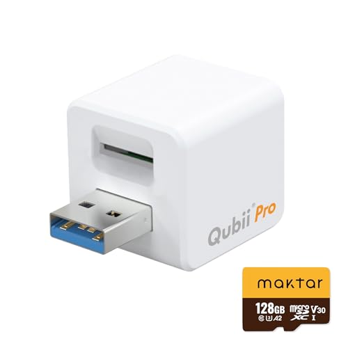 Maktar Qubii Pro ホワイト (microSD 128GB付) 充電しながら自動バックアップ iphone usbメモリ ipad 容量不足解消 写真 動画 音楽 連絡先 SNS データ