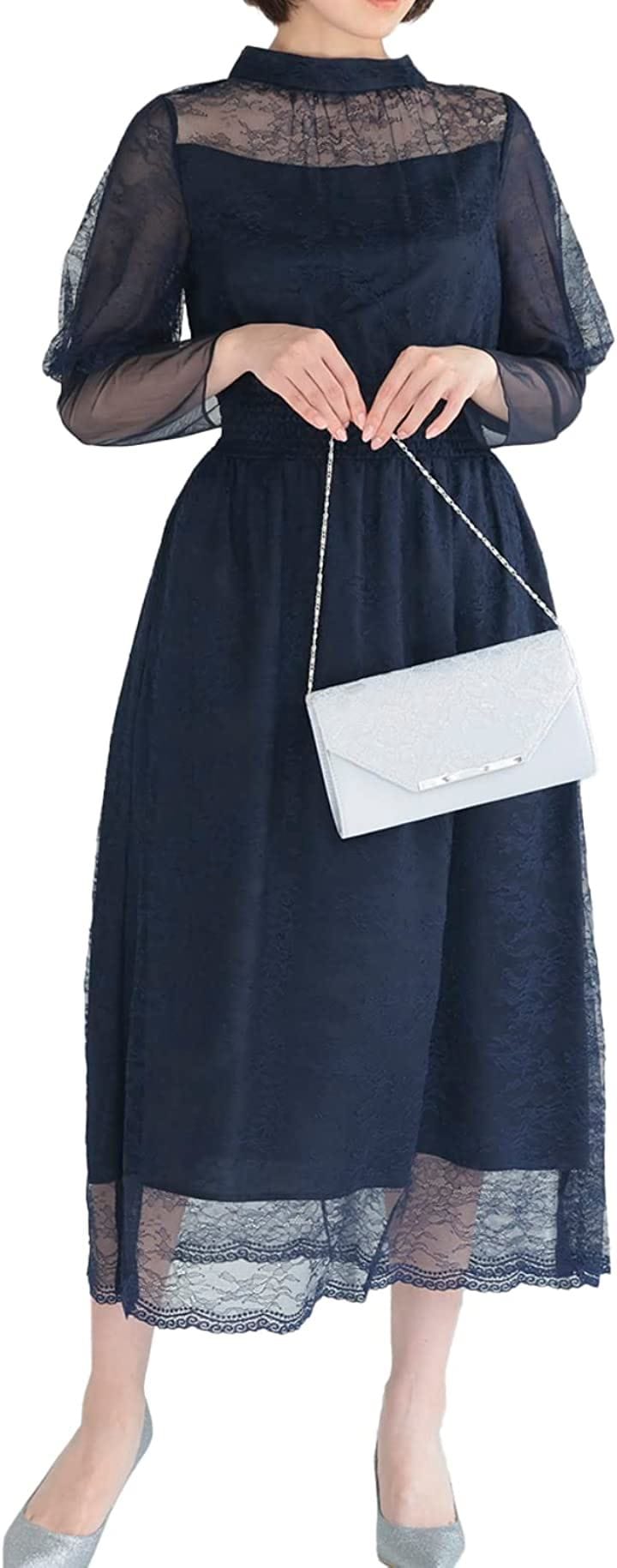 パーティ ワンピース ドレス レディース バルーン ロングスリーブ 総レース 結婚式およばれワンピース パーティードレス NVY( ネイビー / 322192, S)