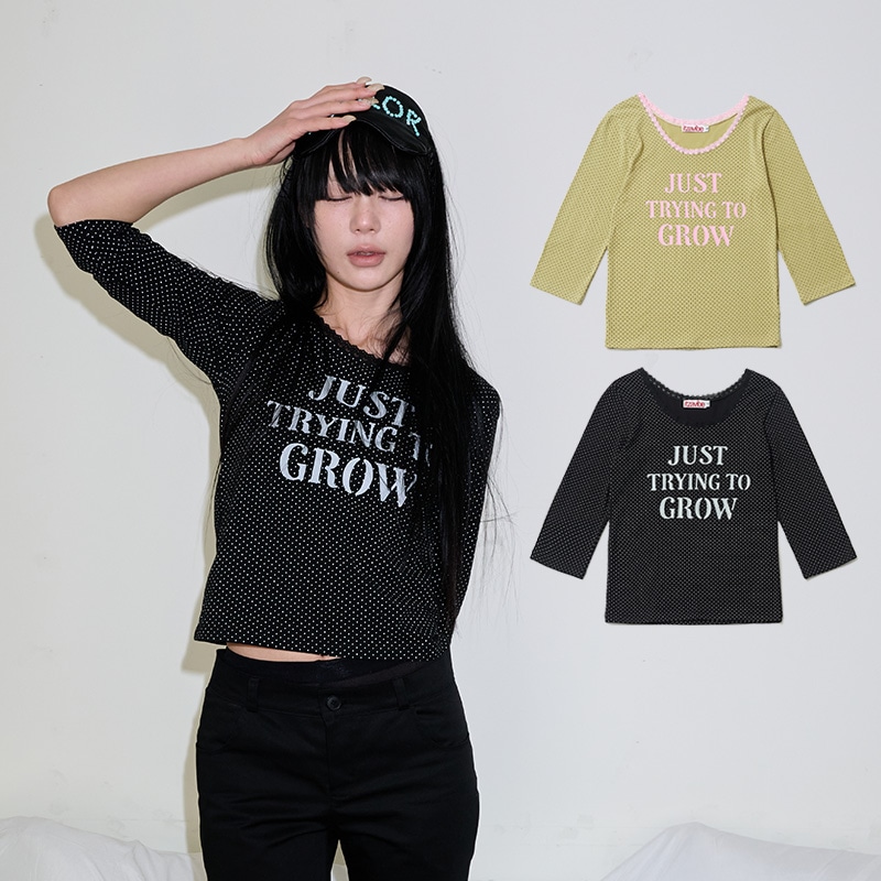DOT LACE LETTERING T SHIRT - BLACK, KHAKI