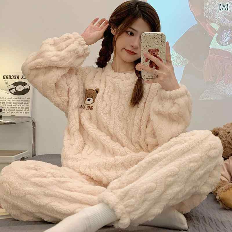 ルームウェア レディース パジャマ 部屋着 ガーリー 秋冬 長袖 ラウンドネック ホワイト ピンク グリーン