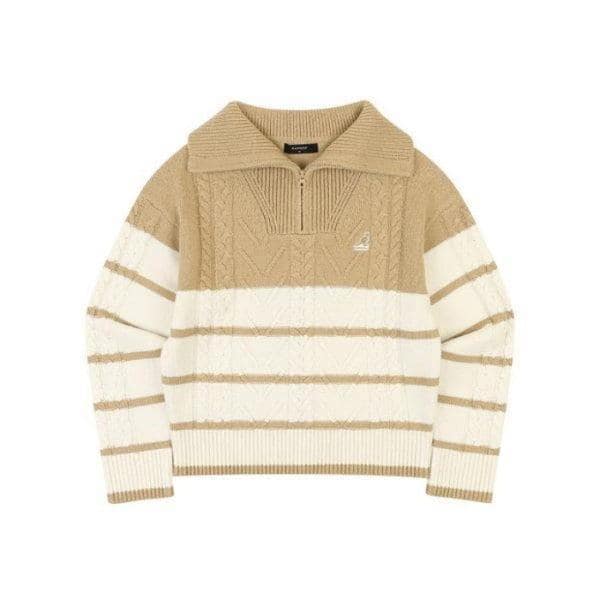 M長袖Tシャツ CQK KPFW-KN18750BE レディース ストライプ ハーフジップ セーター 1875 ベージュ