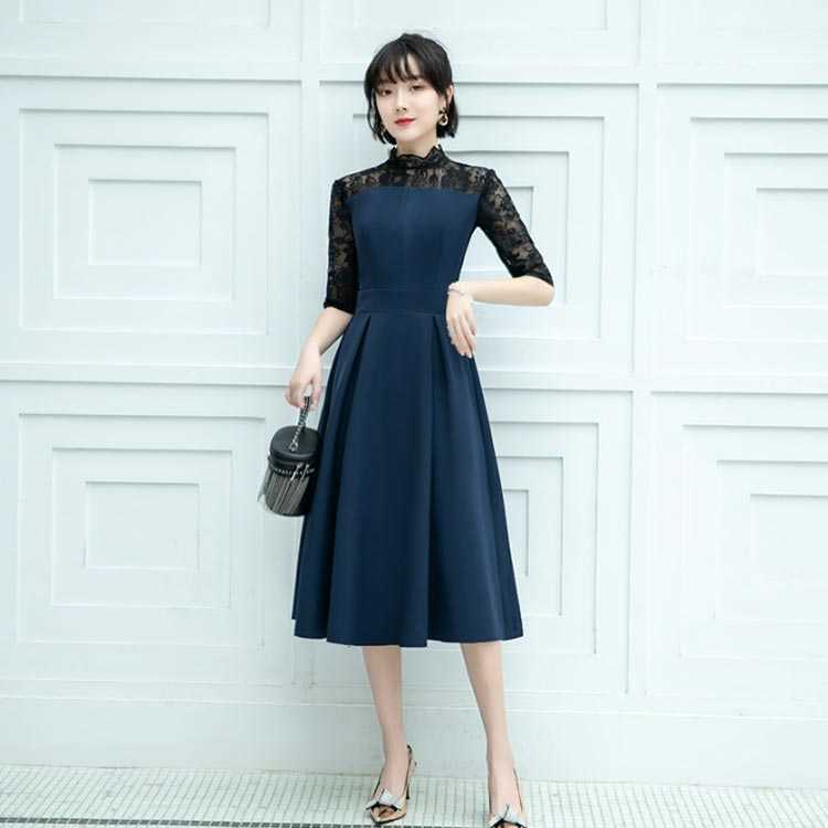 膝下丈フレアドレス演奏会ワンピースシースルー7分袖ミモレ丈結婚式ミディ丈レディースロングドレス二次会袖あり袖付き花柄レース春夏パーティードレス