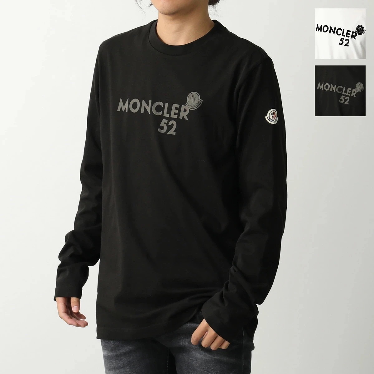 MONCLER モンクレール カットソー 8D00011 89AUG メンズ 長袖Tシャツ ロンT コットン クルーネック フロッキープリント ロゴパッチ カラー2色