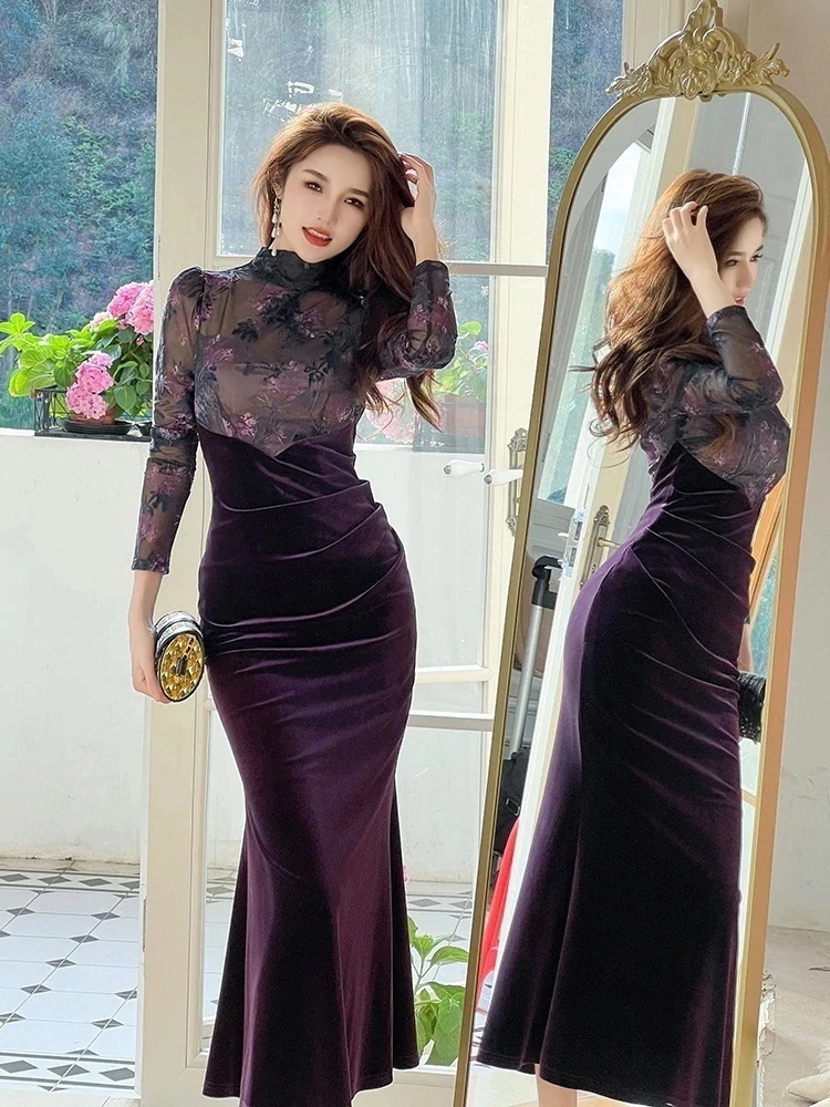 2024春 チュール 花柄 ロングワンピース レース ベルベット パーティードレス 着痩せ 大人 お呼ばれ 同窓会 披露宴 卒業式 結婚式 ウェディング 二次会 成人式30%までに制限