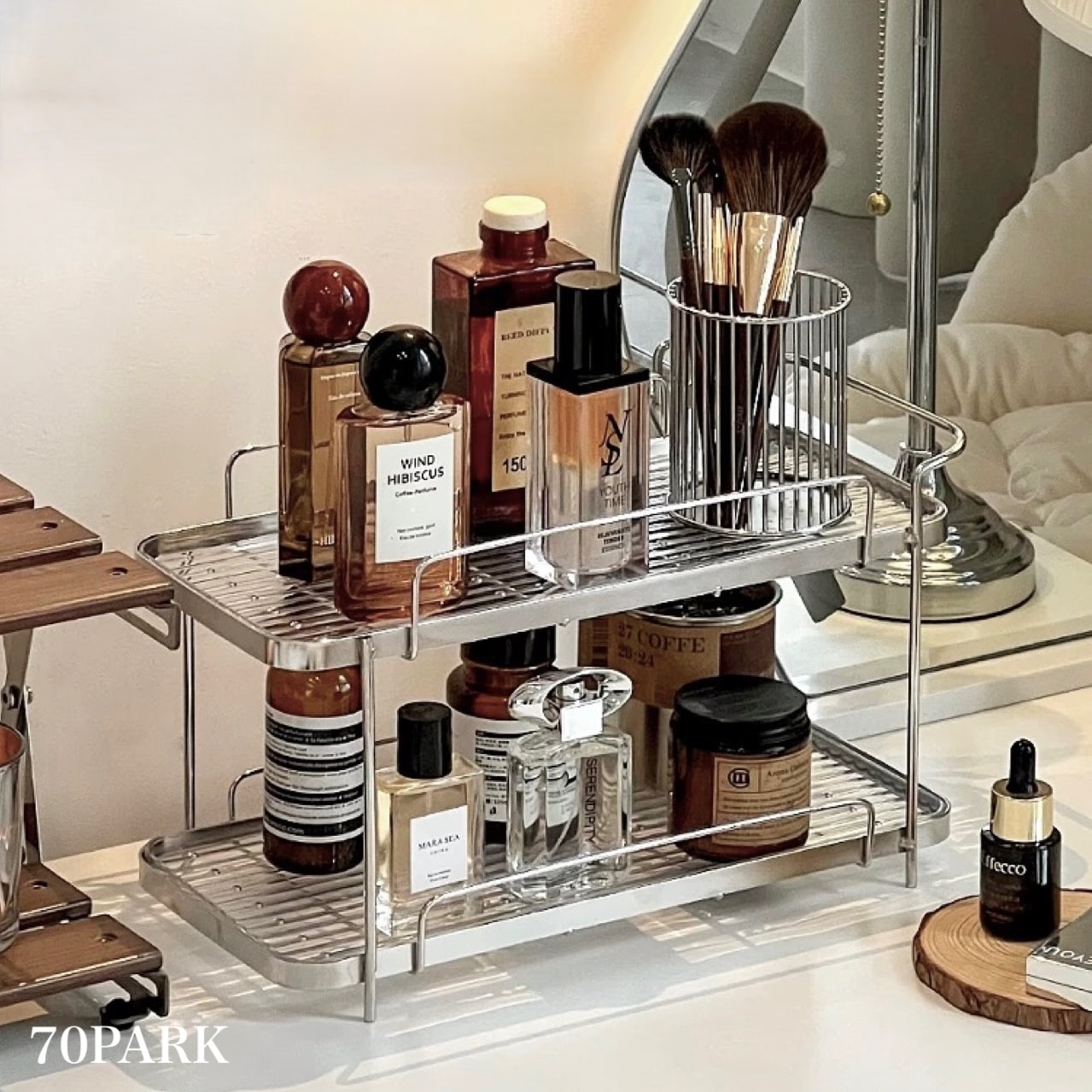 ストライプ模様 クリア ステンレス 二段 収納 ラック シルバー 香水収納 洗面台 ディスプレイ おしゃれ スパイスラック 韓国インテリア 韓国雑貨 韓国っぽ インテリア雑貨 韓国 70PARK