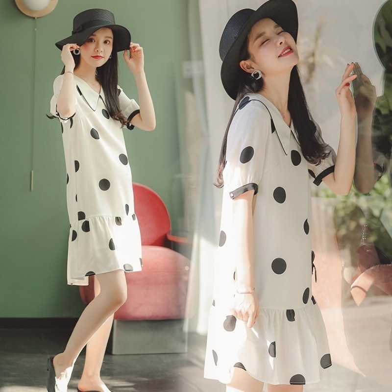 【日本未発売/送料無料】マタニティ ワンピース ドット 水玉 Vネック 襟付き パフスリーブ